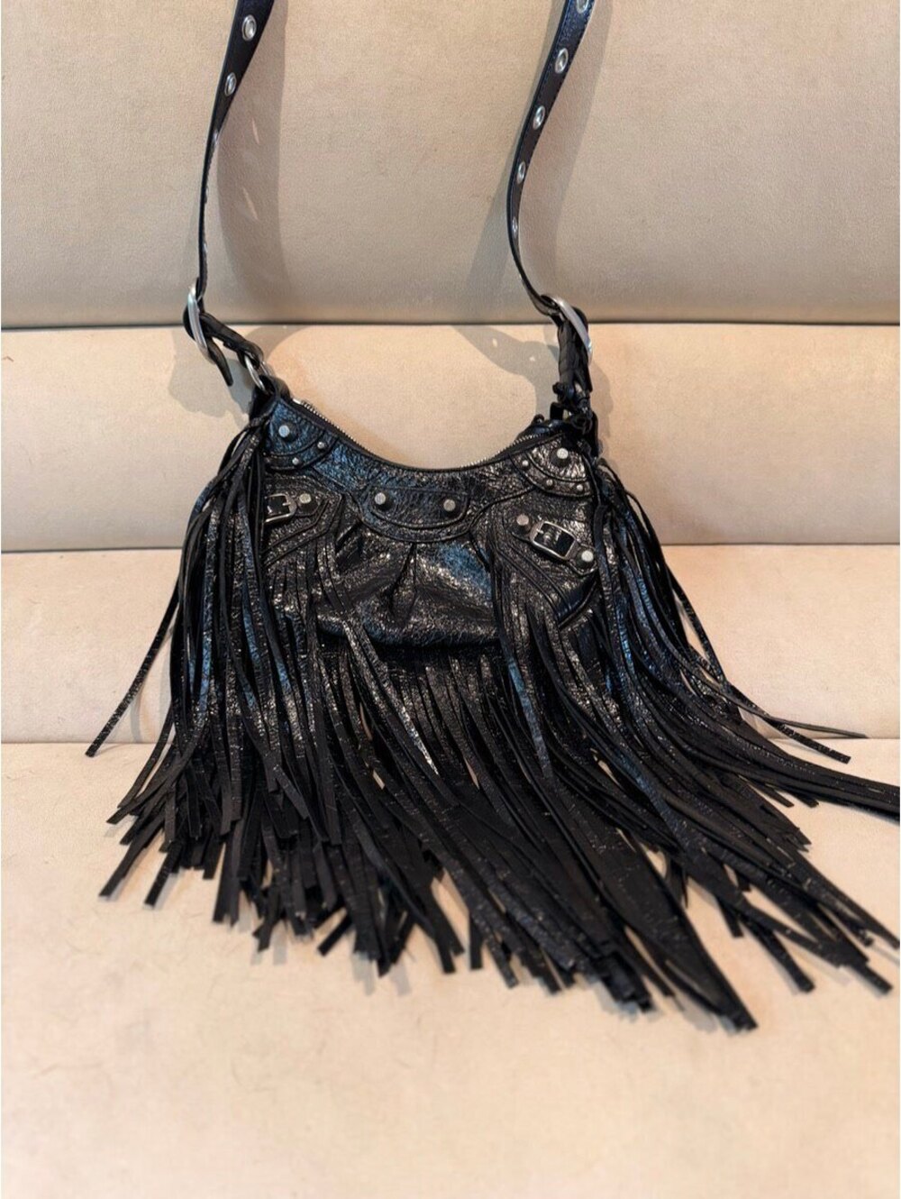 Balenciaga Le Cagole XS Fringe Shoulder Bag Black